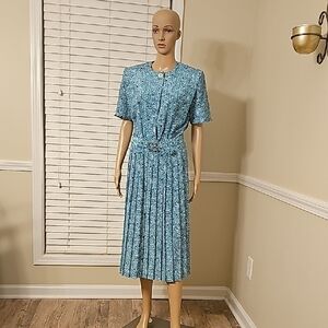 Blue Patterned Pleated Dress